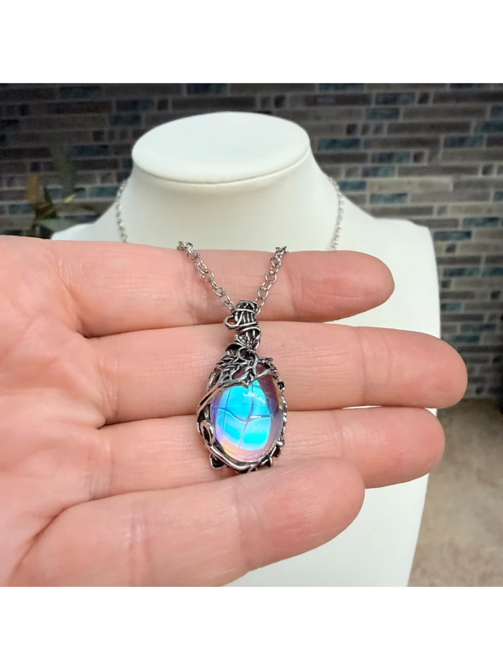 Gothic Moonstone Pendant Necklace Silver Thorn Vine Wire Wrapped Amulet Boho